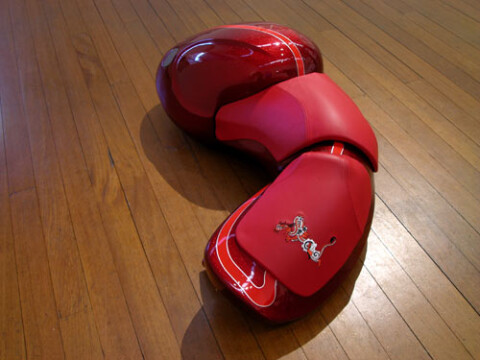 Patricia Piccinini Cyclepups: Firestarter, 2005; fibreglass, automotive paint, leather and stainless steel; 40 x 110 x 50 cm; enquire