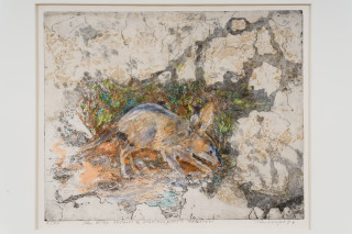 John Wolseley The Bilby Returns - Great Sandy Desert, 2024; etching with watercolour and woodcut chine-colle; 32 x 40 cm; 59 x 64 cm (framed); Edition of 30; enquire