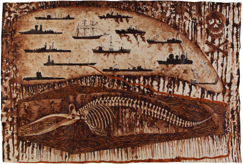 Fiona Hall Scrimshaw, 2011; Tongan tapa dye and Tongan ochre on canvas; 180 x 280 cm; enquire
