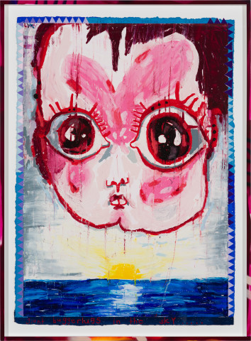 Del Kathryn Barton giant buggerlugs in the sky, 2020; oil stick and gouache on paper, hand finished frame; 175 x 129 cm; more info; enquire