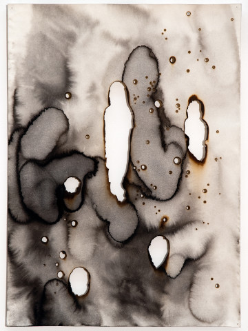 Lindy Lee Conflagrations From the End of Time (8), 2009; paper, fire, Chinese ink, rain; 76 x 56 cm; enquire