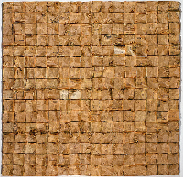 Rosalie Gascoigne Paper Square, 1982; 256 wads of newspaper nailed to plywood; 246 x 240 cm; 8 panels; enquire