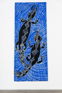 installation view; Dhambit Munuŋgurr Bäru, 2024; 7750-24; acrylic on bark; 225 x 92 cm; enquire