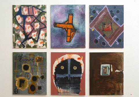 Gareth Sansom Eggs II, Jointed Object, Diamond, Love, Mask, Vanessa, 1990; mixed media on cotton duck; 76 x 61 cm; enquire