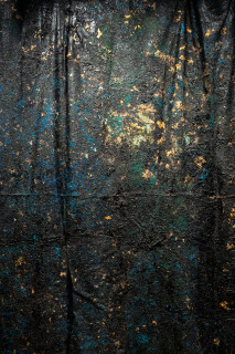 Kirtika Kain Midnight (detail), 2025; tar on hessian, stones, gold leaf and acrylic paint; 329 x 885 x 35 cm; dimensions variable; enquire