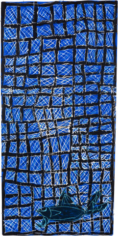 Dhambit Munuŋgurr The bones of the Djapu, 2023; 523-23; acrylic on bark; 234.5 x 114 cm; enquire