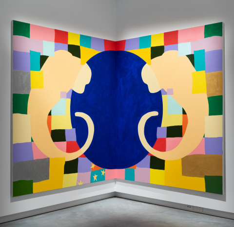 Mikala Dwyer Neptune and the Hippocamps, 2023; acrylic on canvas, diptych; enquire