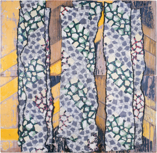 Rosalie Gascoigne Poplars, 19, 1996-97; linoleum on painted wood with retro-reflective strip; 60 x 62 cm; enquire