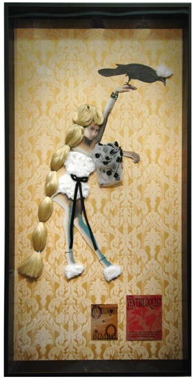 Jacqueline Fraser The Ventriloquist says, 2005; faux fur, French floque organza, wig, back light photo, French silk taffeta on French Brocade; 200.6 x 100.6 x 16 cm; enquire