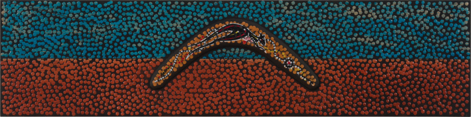 Daniel Boyd Untitled (SBHTCIHSCP), 2025; oil, watercolour, pencil, found boomerang and archival glue mounted on wooden panel; 20 x 80 cm; enquire