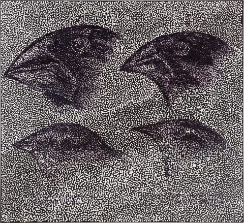 Daniel Boyd Untitled (FFTDWATDWD), 2022; oil, acrylic, charcoal, pastel and archival glue on linen; 112 x 122.5 cm; more info; enquire