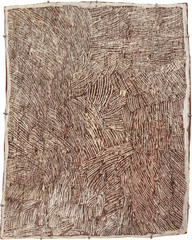 Nyapanyapa Yunupiŋu Lines, 2011; 4057D; natural earth pigments on bark; 67 x 85 cm; enquire