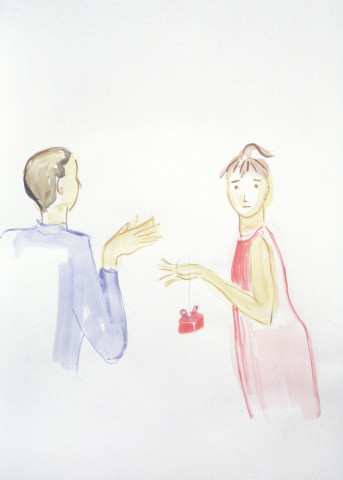 Vivienne Shark LeWitt untitled sketch (couple with gift), 1994; watercolour on paper; 75 x 55 cm; enquire