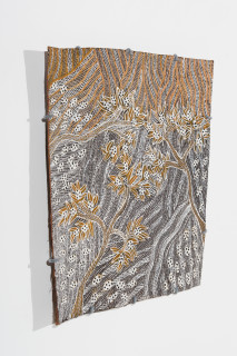 Yalmakany Marawili Burukpili, 2025; 3099-25; earth pigments on stringybark; 54.5 x 47.5 cm; enquire