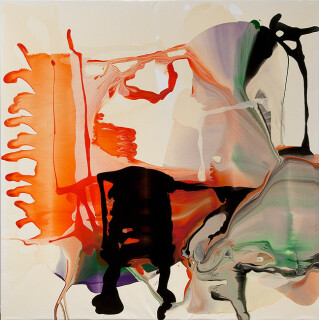 Dale Frank Titles were like three or four Greys reclining in the verdant shade of a gnarled Pepper Tree, an emblem, but still reluctantly tasted meat., 2010; varnish on canvas; 200 x 200 cm; enquire