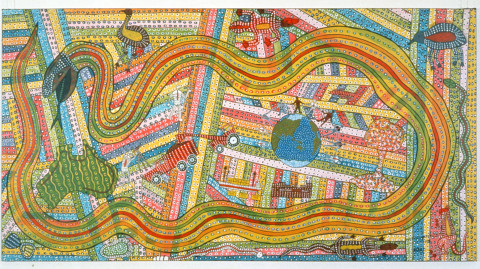 Robert Campbell Jnr Awakening The Rainbow Serpent, 1988; acrylic on canvas; 120 x 229 cm; enquire