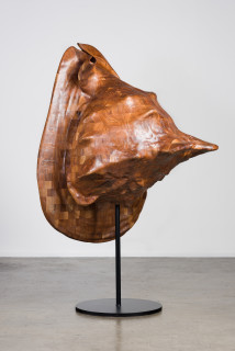 Del Kathryn Barton more the her, 2022; American Black Walnut with Cambia ash and Rock Maple wood, Abalone Green and White Fresh Water mother of pearl inlay, hardwax oil, blackened steel; 157 x 100 x 100 cm; 140kg; enquire