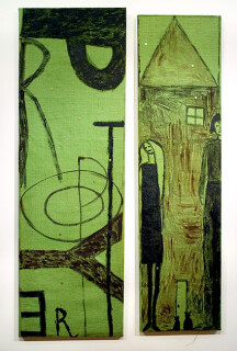Jenny Watson Property, 1988-89; oil on dyed hessian; 2 parts: 164 x 53cm; 159 x 43cm; enquire
