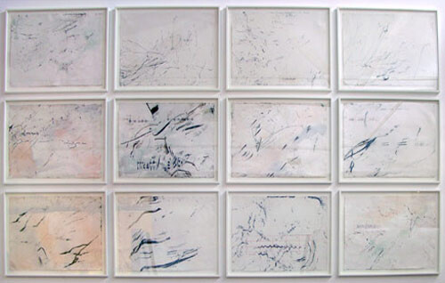John Wolseley 14-25. Birdsongs of Central Australia, 2005; carbonised wood, watercolour and pencil on paper 12 in separate frames; 56.5 x 76 cm (paper), 66.5 x 85.4 cm (framed); enquire