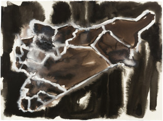 Fiona Hall Cage (Syria map 1), 2017; Cat no. 41; gouche and tapa dye on rag paper; 57 x 76 cm; enquire
