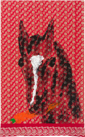 Jenny Watson Horse with Carrot, 2022; acrylic on vintage American fabric and broderie anglaise; 66 x 40.5 x 2 cm; more info; enquire