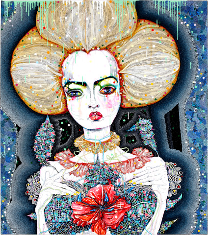 Del Kathryn Barton satellite fade-out 7, 2011; acrylic, gouache, watercolour and ink on polyester canvas; 163 x 143 cm; enquire