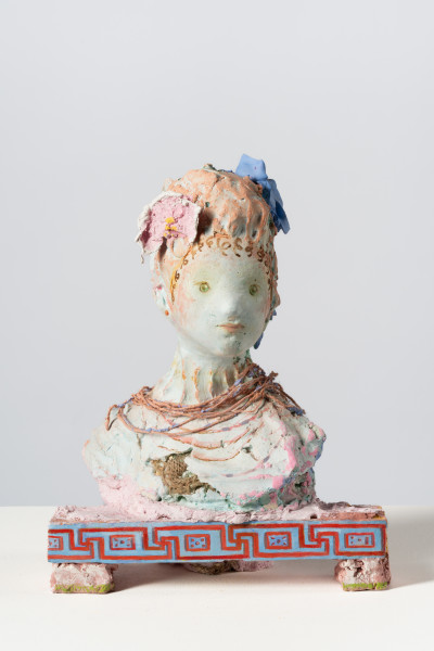 Linda Marrinon Woman with coral necklace, 2025; tinted and painted plaster, hessian and terracotta; 36 x 27 x 13 cm; enquire