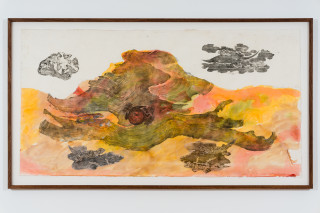 John Wolseley Great desert skinks on their basking mound in the Great
Sandy desert II, 2026; watercolour and woodblock print on paper; 98 x 187 cm; 113 x 202 cm (framed); enquire
