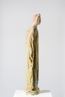 Linda Marrinon Woman with robe and pink ribbon, 2025; tinted and painted plaster with muslin; 110 x 30 x 25 cm; enquire
