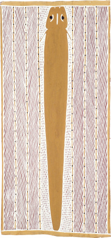 Jimmy Wululu Eeltail Catfish, 1989; natural ochre pigments on Stringybark; 78 x 37 cm; enquire