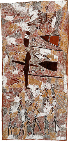 Nyapanyapa Yunupiŋu They put me on a plane, 2008; natural earth pigments on bark; 184 x 90 cm; enquire