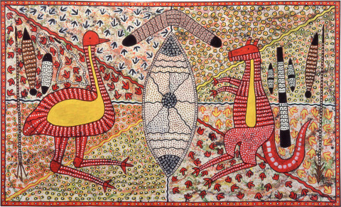 Robert Campbell Jnr Aboriginal Emblem, 1990; ochre and acrylic on canvas; 123.5 x 206.5 cm; enquire