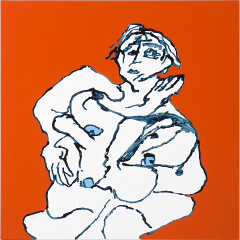 Tom Polo on the edge of us is a small line (strips for chips), 2023; acrylic on canvas; 100 x 100 cm; more info; enquire