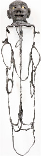 Fiona Hall Noose, 2019; military garment, wire, ochre, charcoal, dice; 106 x 25 x 22 cm; enquire