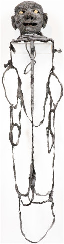 Fiona Hall Noose, 2019; military garment, wire, ochre, charcoal, dice; 106 x 25 x 22 cm; enquire