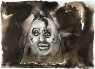 Fiona Hall Caged 5., 2017; Cat no. 56; gouache and tapa dye on rag paper; 57 x 76 cm; enquire