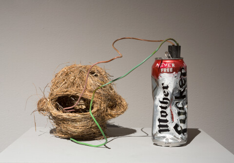 Fiona Hall Mother Fucker (improvised explosive device), 2017; tjanpi grass, aluminium can, wire, paint; variable; Enquire