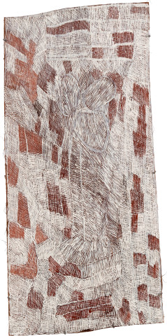 Nyapanyapa Yunupiŋu Mangutji #1, 2010; Natural earth pigments on bark
3708L; 137 x 67 cm; enquire
