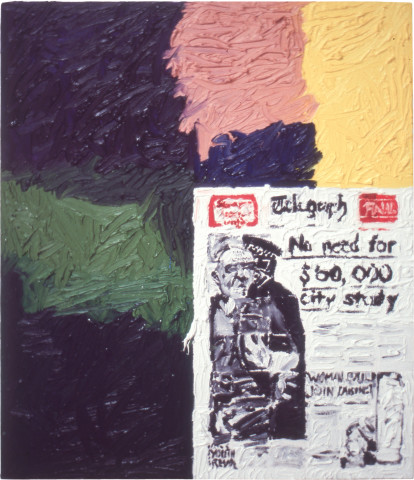 Jenny Watson A Painted Page: The Brisbane Telegraph, 1980; oil on duck; 66.04 x 55.88 cm; enquire