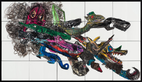Pierre Mukeba (Baby Folklored Dragon), 2021; charcoal and pastel on archival paper; 120 x 210 cm; more info; enquire