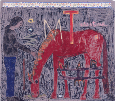 Jenny Watson Man with a Chestnut Mare, 1989; oil, Indian pigments and haberdashery on Belgian linen; 210 x 238 cm; enquire