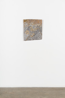installation view; Yalmakany Marawili Burukpili, 2025; 3099-25; earth pigments on stringybark; 54.5 x 47.5 cm; enquire