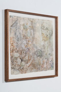 John Wolseley Cryptic mimicry of the Moritz's leaf-tailed gecko, 2024; watercolour, graphite, frottage and woodblock prints on Gampi and Arches paper; 77 x 86 cm; 94 x 101 cm (framed); enquire