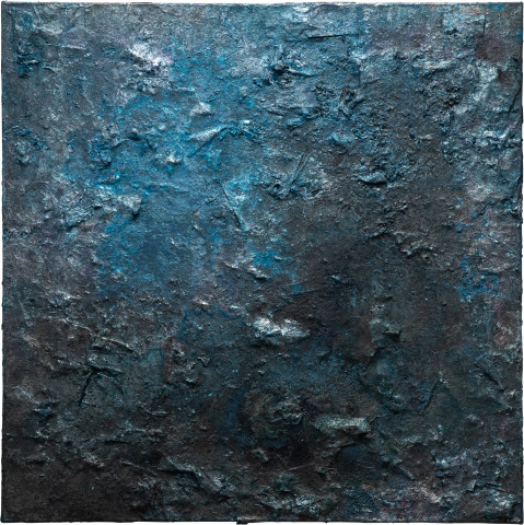 Kirtika Kain Blue Bloods XVI, 2023; paper, acrylic paint, wax, rangoli pigment, copper leaf, silver leaf, artist pigment, tar; 107 x 107 cm; more info; enquire