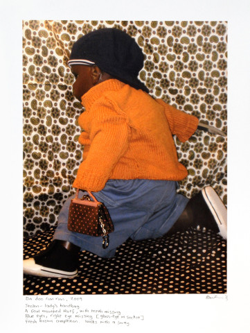 Destiny Deacon Da doo run run, 2009; 'Stolen - ladies handbag. A foul mouthed thief, with teeth missing. Blue eyes, right eye missing [glass-eye in socket]. Fresh brown complexion. Walks with a sway.'; from the series Gazette; inkjet print from digital image on archival paper; 86 x 66 cm; Image size: 60 x 45 cm; Edition of 5 + 2 APs; enquire