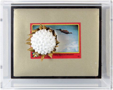 Rohan Wealleans Superman II: A Very Special Mission, 2014; paint and polystyrene on trading cards; 13.8 x 17 x 9 cm; enquire