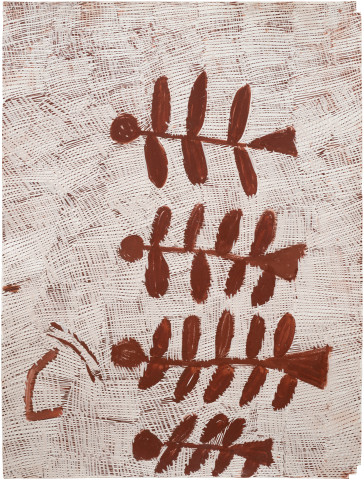 Nyapanyapa Yunupingu Djorra (paper) 16, 2014; TPA083; felt tip pen, earth pigments on discarded print proofs; 75 x 56 cm; Enquire