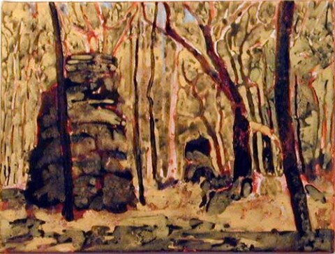 Mandy Martin Volcanic Plugs 3, after Salvator Rosa, 2002; pigment, ochre, hematite, mica, wax medium & acrylic binder on paper; 30 x 40 cm; enquire
