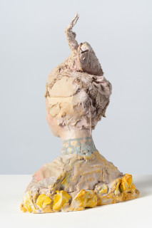 Linda Marrinon Woman with silver necklace, 2025; tinted and painted plaster with muslin; 46 x 33 x 16 cm; enquire
