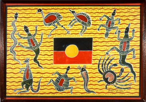 Robert Campbell Jnr Abo, Tucker and Flag, 1987; coffee table: acrylic, wood and glass; 49 x 92 x 52 cm; enquire